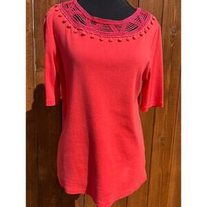 Rafaella Women's Knit Top. -Size M - Coral/Red - Crochet Lace Neckline